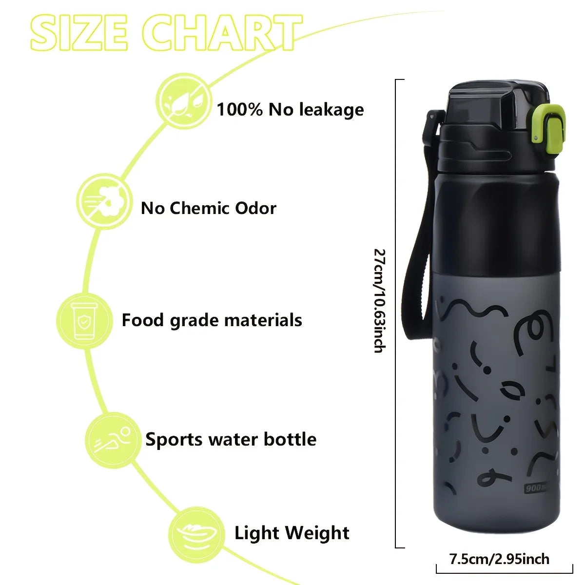 Botella de agua deportiva de plástico de 900 ml, bebida portátil a prueba de fugas