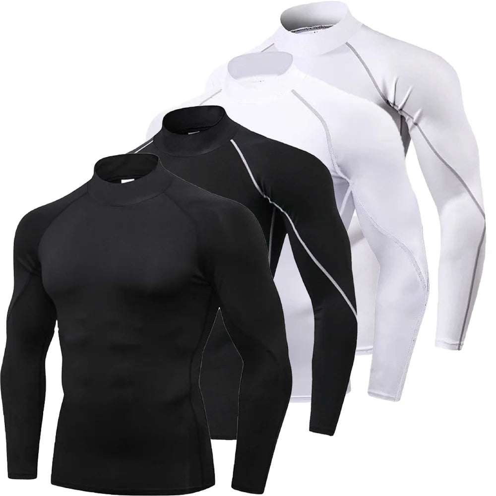 Camisa de compresión de entrenamiento para hombre Camiseta de running de secado rápido Cuello alto Manga larga Rash Guard Gym Base Layer Camiseta interior deportiva